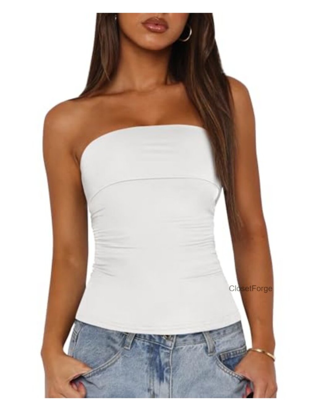 BTFBM Womens Strapless Tube Top Side Ruched Slim Fit Summer Top